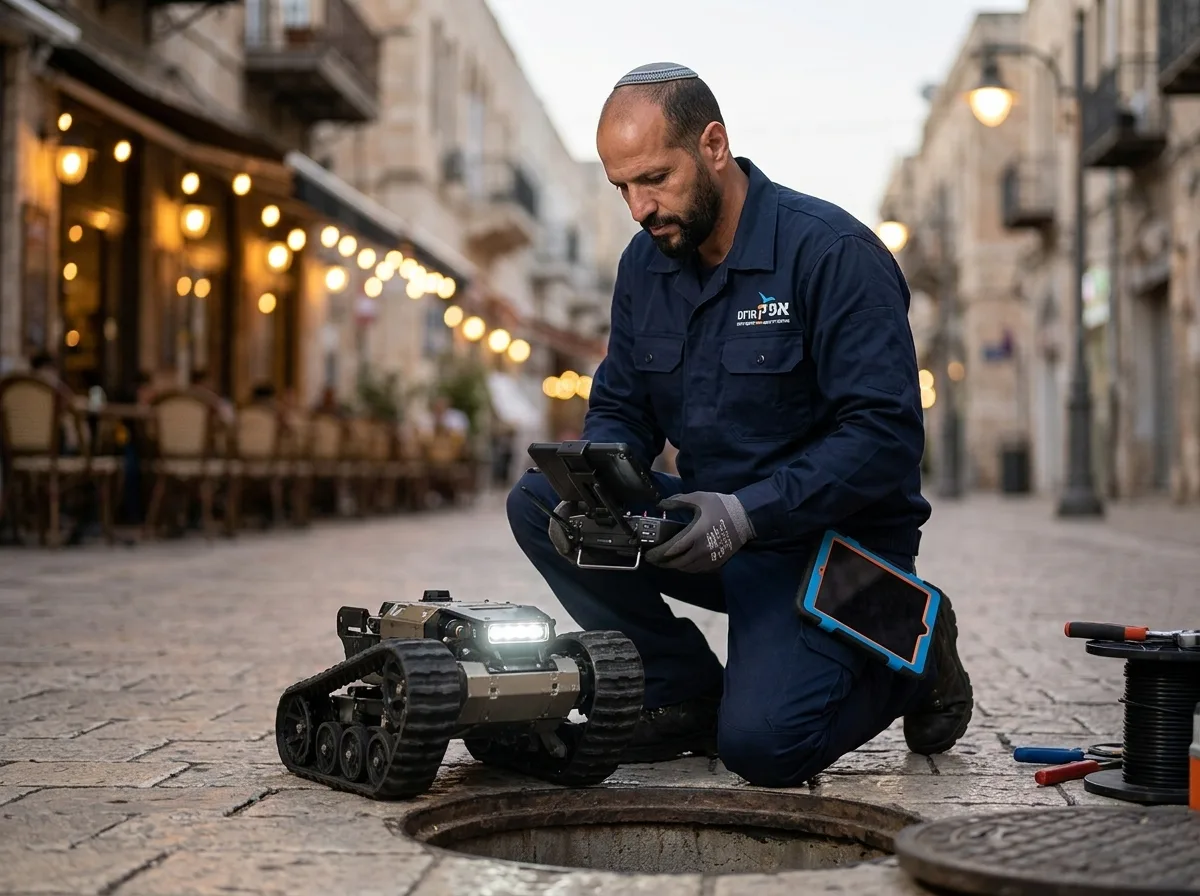 צילום פוטו-ריאליסטי של רובוט זחלילי קטן ומקצועי עם גלגלי גומי שחורים, מצלמת HD כסופה בראשו ותאורת לד חזקה דולקת, מונח על שפת פתח ביוב פתוח ברחוב מרוצף, מוכן להחדרה לתוך הצנרת, פרטים טכניים מדויקים, תאורת חוץ טבעית