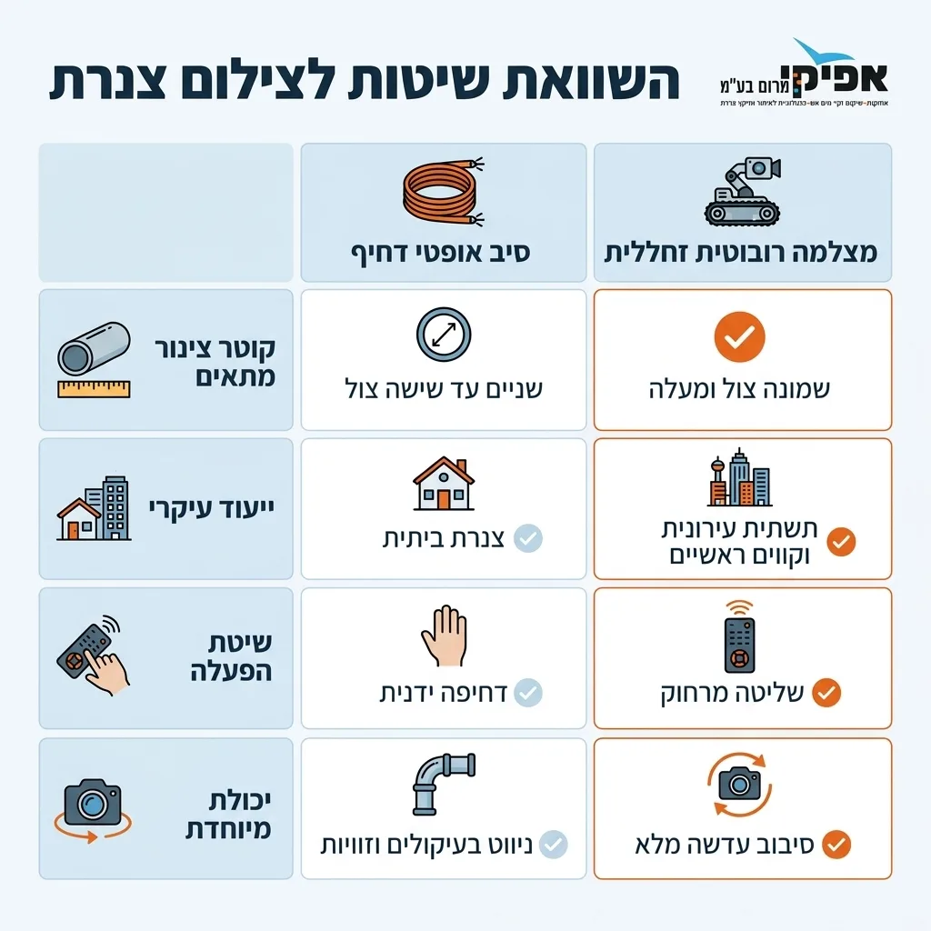 אינפוגרפיקה — השוואת שיטות לצילום צנרת: השוואה בין סיב אופטי דחיף, מצלמה רובוטית זחלילית