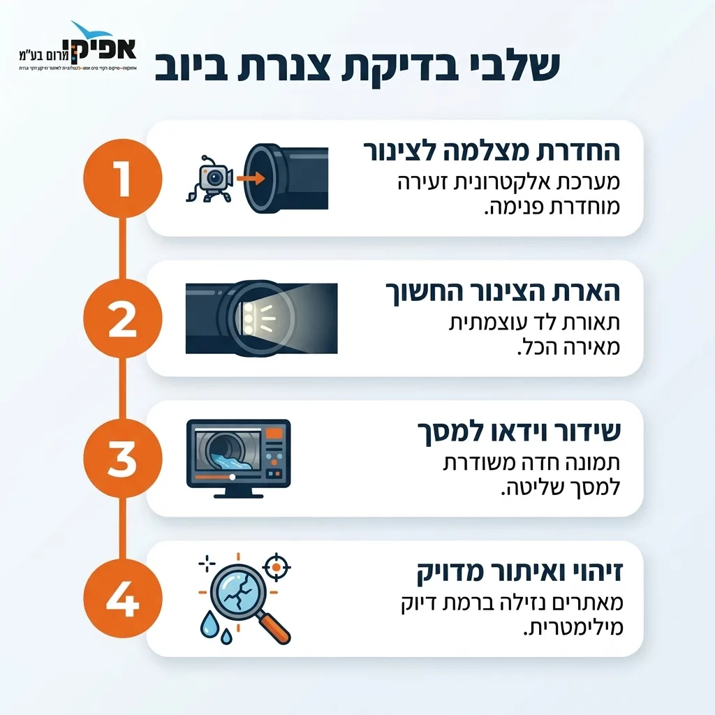 אינפוגרפיקה — שלבי בדיקת צנרת ביוב: החדרת מצלמה לצינור, הארת הצינור החשוך, שידור וידאו למסך, זיהוי ואיתור מדויק