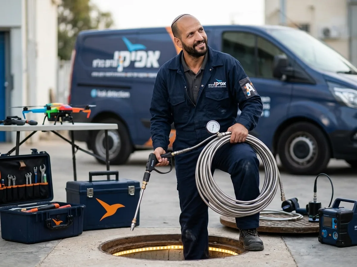 צילום מציאותי של בעל מקצוע עם כיפה ובגדי עבודה מגן, עומד ליד פתח ביקורת ומחזיק צינור התזה עם מד לחץ, סביבת עבודה מסודרת עם ציוד טכנולוגי סביבו.