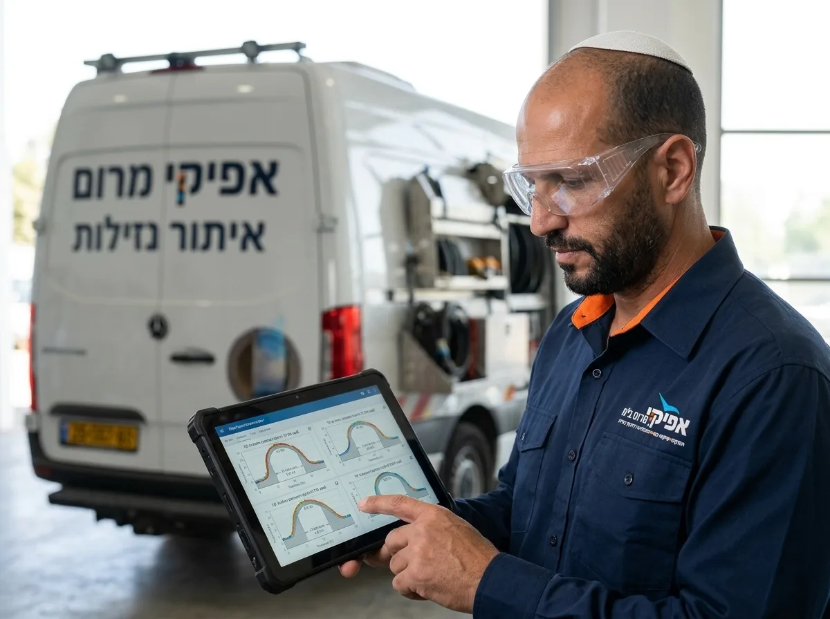 צילום ריאליסטי של איש צוות מקצועי חובש כיפה ומשקפי מגן, מביט בטאבלט המציג גרפים של עובי דופן צנרת, ברקע רכב עבודה מקצועי של איתור נזילות.