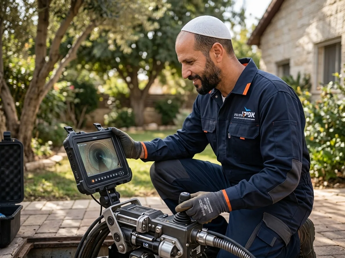 צילום ריאליסטי של אינסטלטור חובש כיפה, לבוש בבגדי עבודה מקצועיים של חברת תשתיות, מפעיל מסך של רובוט צילום צנרת בתוך חצר בית, תאורת יום טבעית, פוקוס חד.