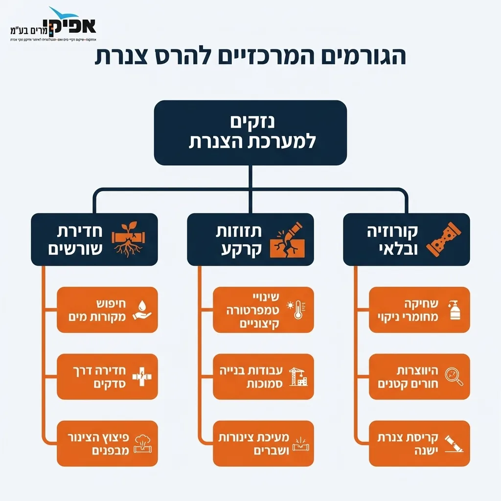 אינפוגרפיקה — הגורמים המרכזיים להרס צנרת: נזקים למערכת הצנרת