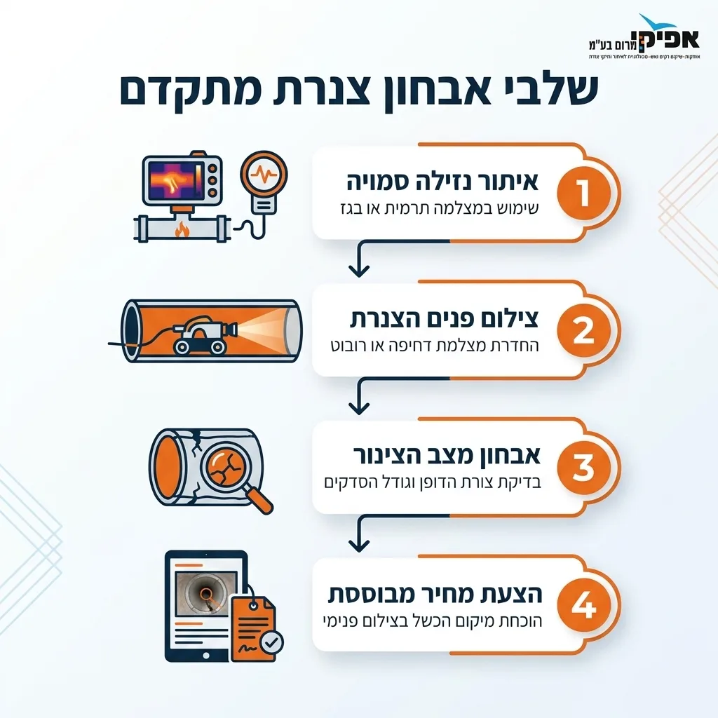 אינפוגרפיקה — שלבי אבחון צנרת מתקדם: איתור נזילה סמויה, צילום פנים הצנרת, אבחון מצב הצינור, הצעת מחיר מבוססת
