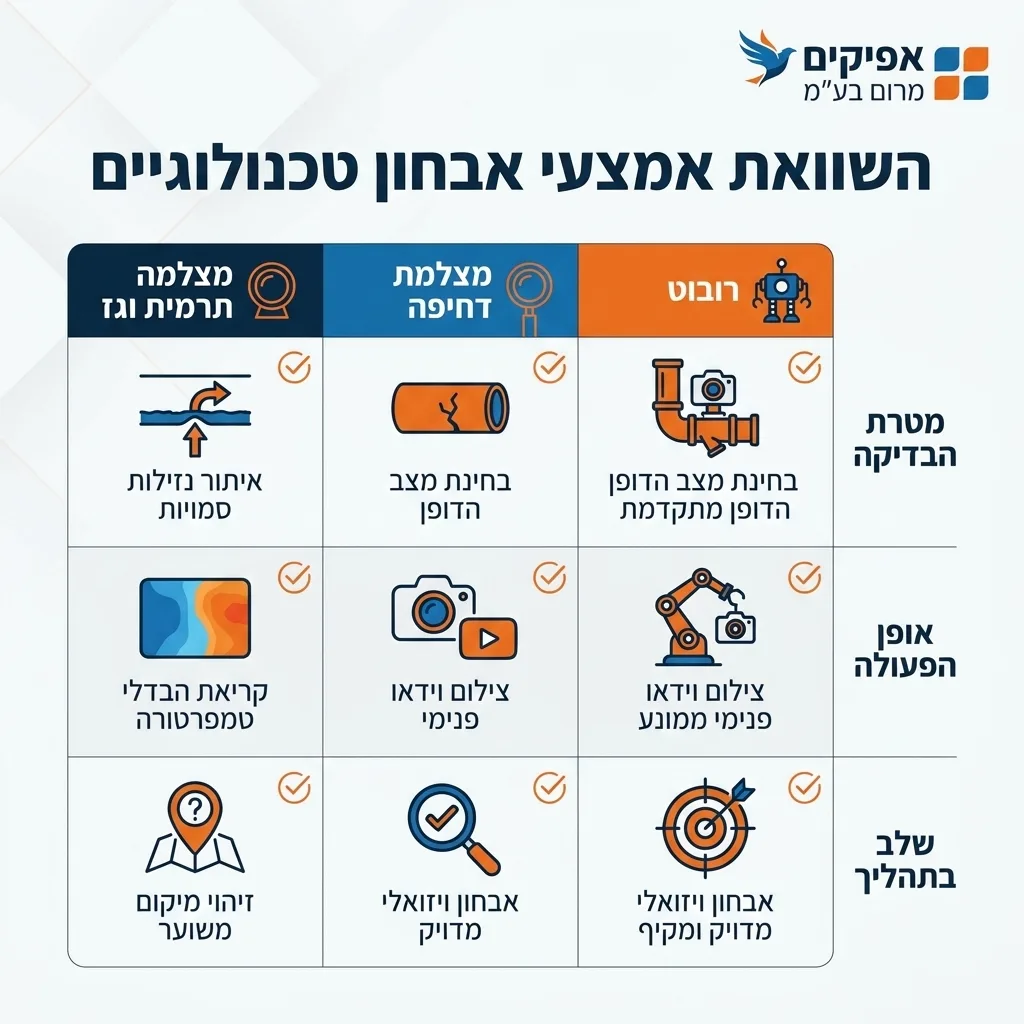 אינפוגרפיקה — השוואת אמצעי אבחון טכנולוגיים: השוואה בין מצלמה תרמית וגז, מצלמת דחיפה ורובוט