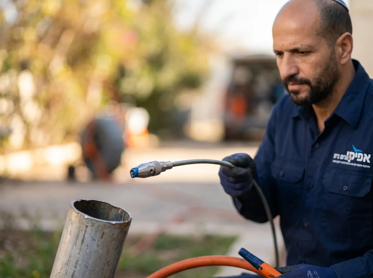 צילום מציאותי של קצה של צינור פתוח בחצר, מתוכו יוצא כבל מקצועי עם ראש התזה מתכתי, הראש מרוח במעט חומר אפוקסי כחול. פוקוס חד על כלי העבודה. רקע מטושטש של סביבת עבודה בחוץ ביום שטוף שמש