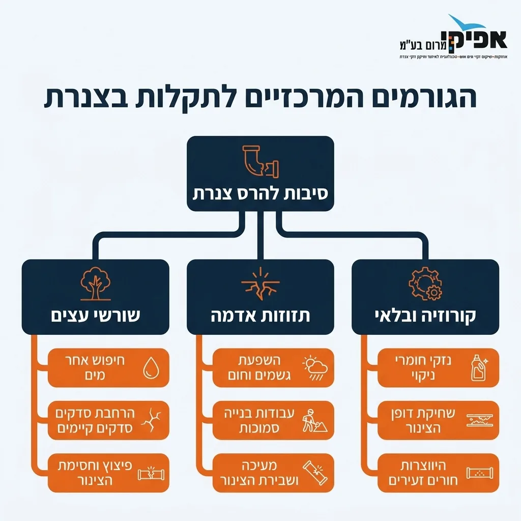 אינפוגרפיקה — הגורמים המרכזיים לתקלות בצנרת: סיבות להרס צנרת