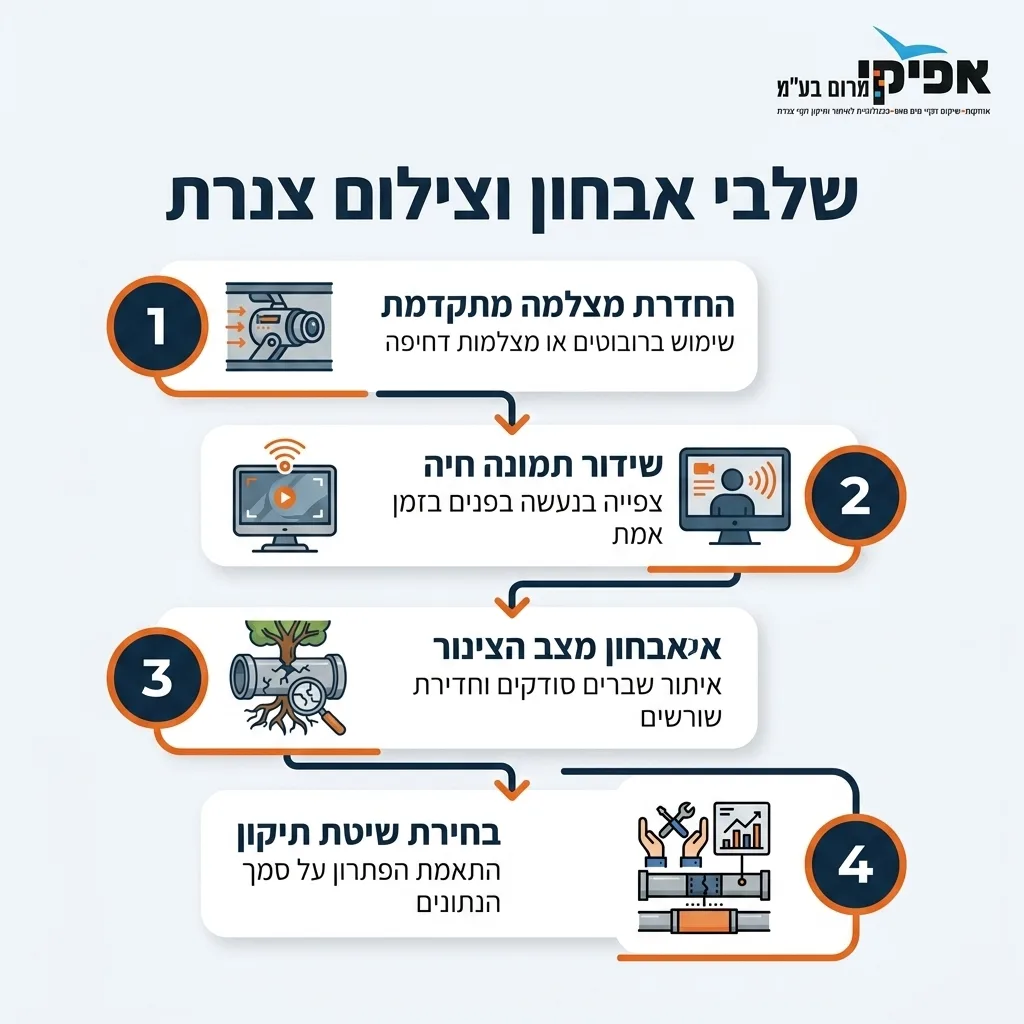 אינפוגרפיקה — שלבי אבחון וצילום צנרת: החדרת מצלמה מתקדמת, שידור תמונה חיה, אבחון מצב הצינור, בחירת שיטת תיקון