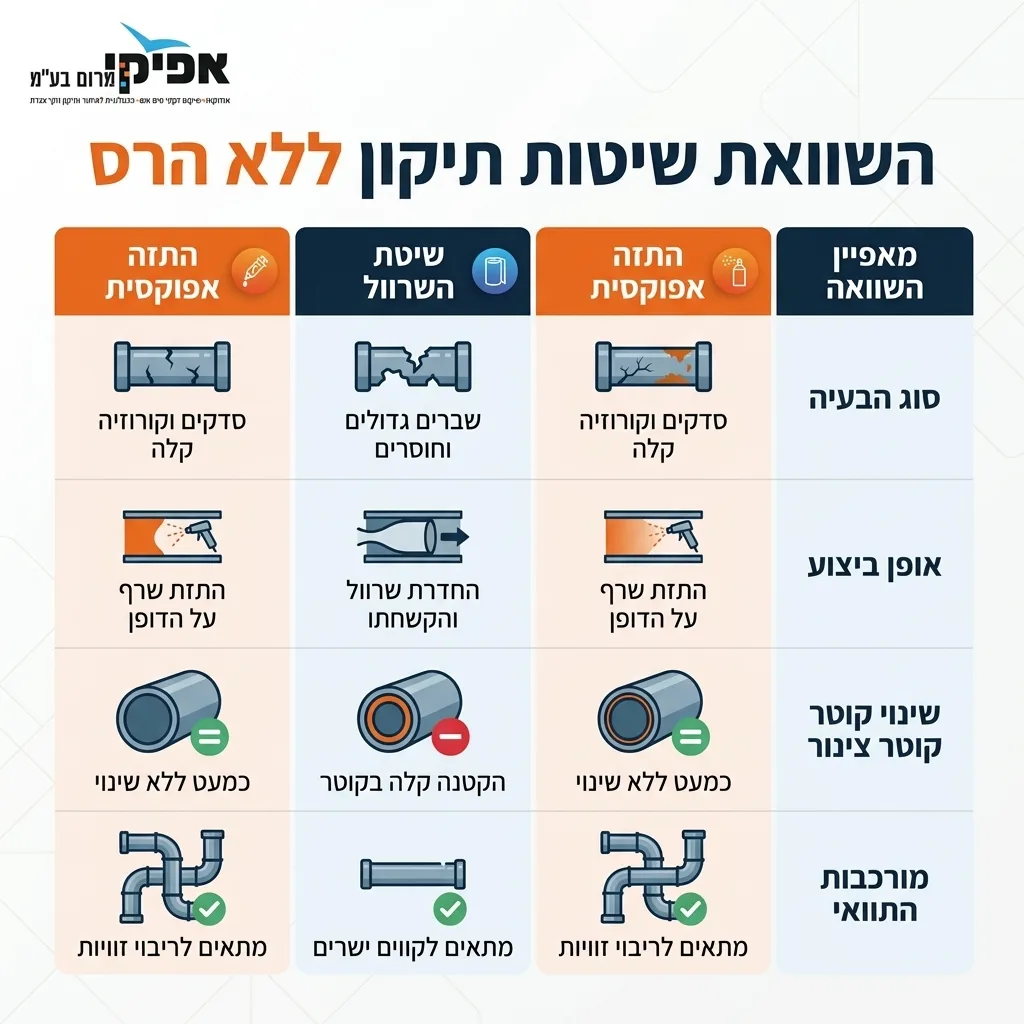 אינפוגרפיקה — השוואת שיטות תיקון ללא הרס: השוואה בין שיטת השרוול, התזה אפוקסית