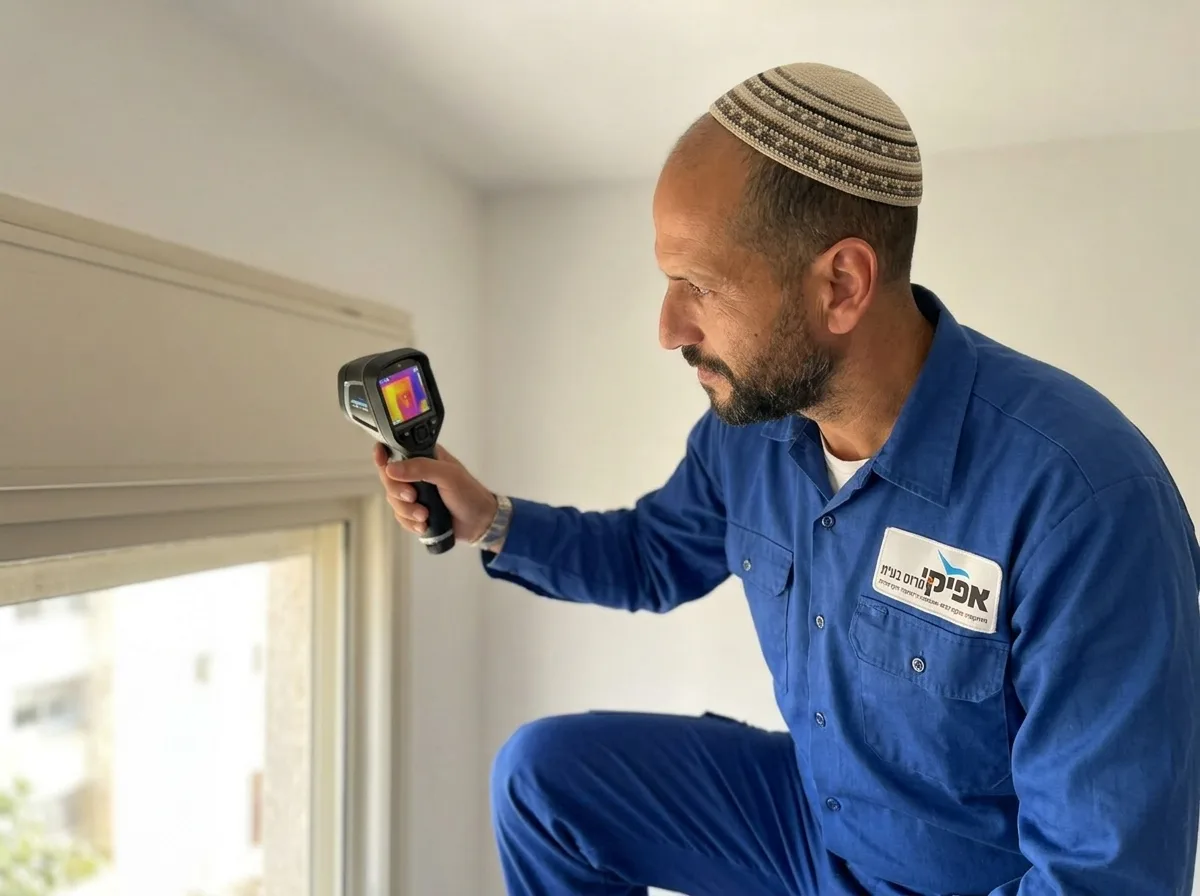 צילום ריאליסטי של איש מקצוע בתחום האינסטלציה, חובש כיפה גדולה ולבוש בבגדי עבודה יומיומיים (לא חליפה), עומד בתוך דירת מגורים ומכוון מכשיר טכנולוגי קטן עם מסך לעבר התקרה, תוך כדי שהוא בוחן את הנתונים. תאורה טבעית מבחוץ.