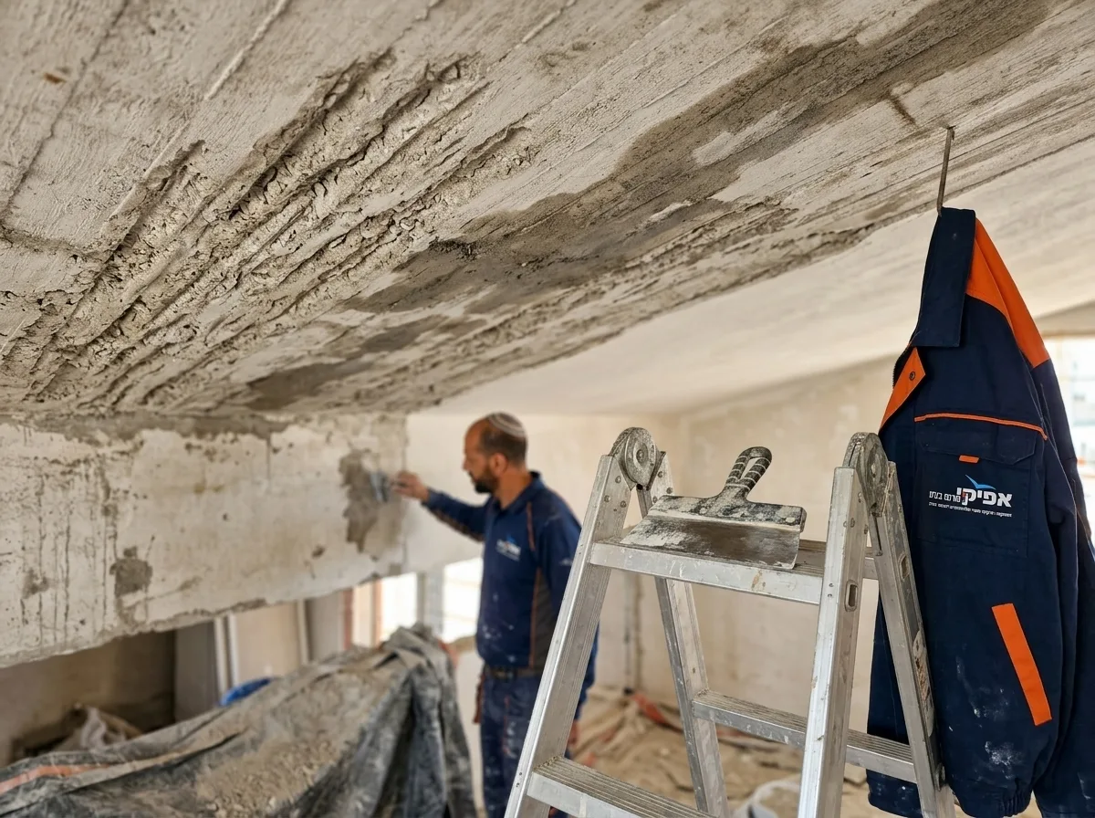 צילום ריאליסטי של תקרה שעברה תהליך גירוד טיח עמוק, רואים את הבטון החשוף וכלי עבודה (שפכטל) מונח על סולם סמוך. התקרה בשלב הייבוש, תאורה רכה.