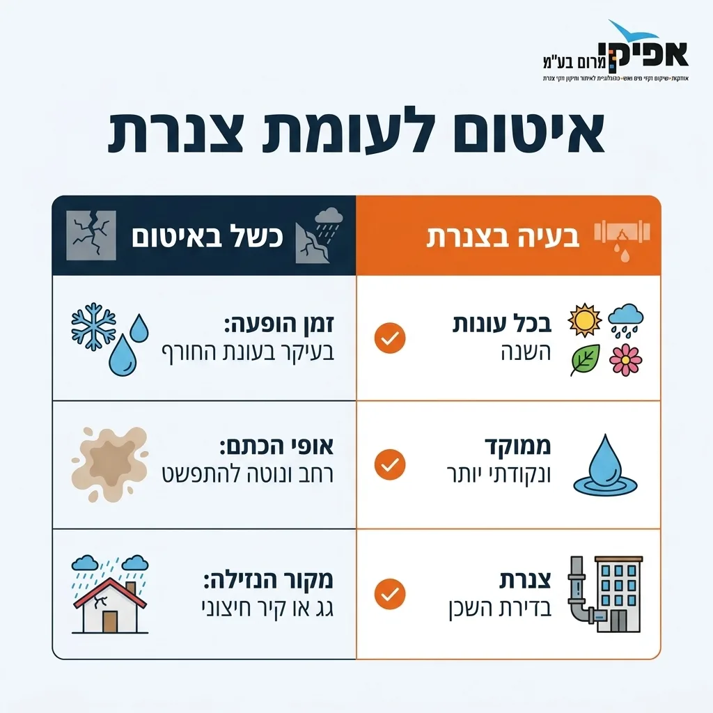 אינפוגרפיקה — איטום לעומת צנרת: השוואה בין כשל באיטום, בעיה בצנרת