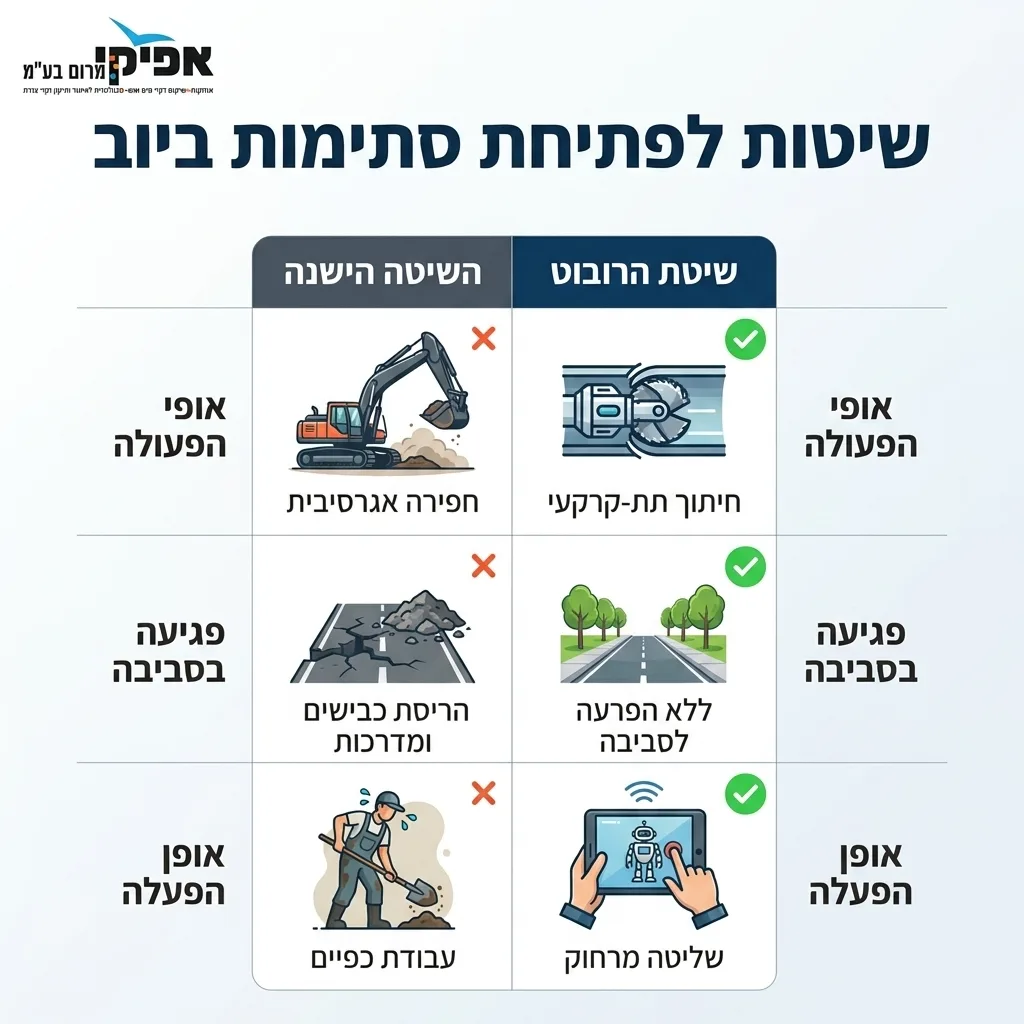 אינפוגרפיקה — שיטות לפתיחת סתימות ביוב: השוואה בין השיטה הישנה, שיטת הרובוט