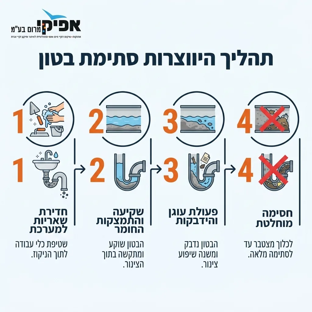 אינפוגרפיקה — תהליך היווצרות סתימת בטון: חדירת שאריות למערכת, שקיעה והתמצקות החומר, פעולת עוגן והידבקות, חסימה מוחלטת