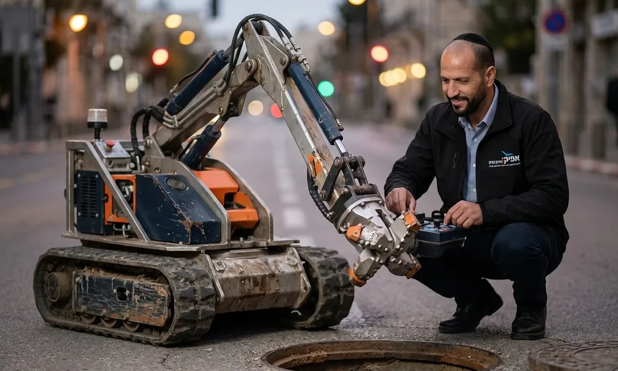תמונה מרשימה של הרובוט הייעודי מחוץ לפתח ביוב, מוכן לפעולה, עם הדגשה על ראש החיתוך שלו.