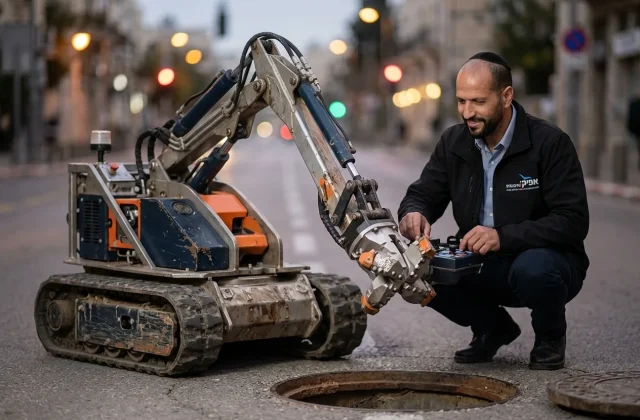 תמונה מרשימה של הרובוט הייעודי מחוץ לפתח ביוב, מוכן לפעולה, עם הדגשה על ראש החיתוך שלו.