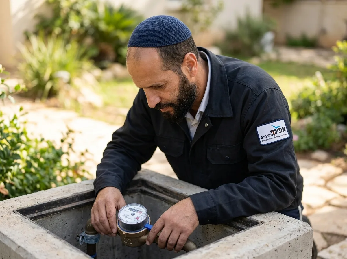 צילום מקצועי פוטו-ריאליסטי של שעון מים דיגיטלי ואנלוגי בחצר בית, איש מקצוע לבוש בבגדי עבודה ועם כיפה גדולה שמכסה את כל הראש מתכופף להביט בו, תאורת יום טבעית וברורה