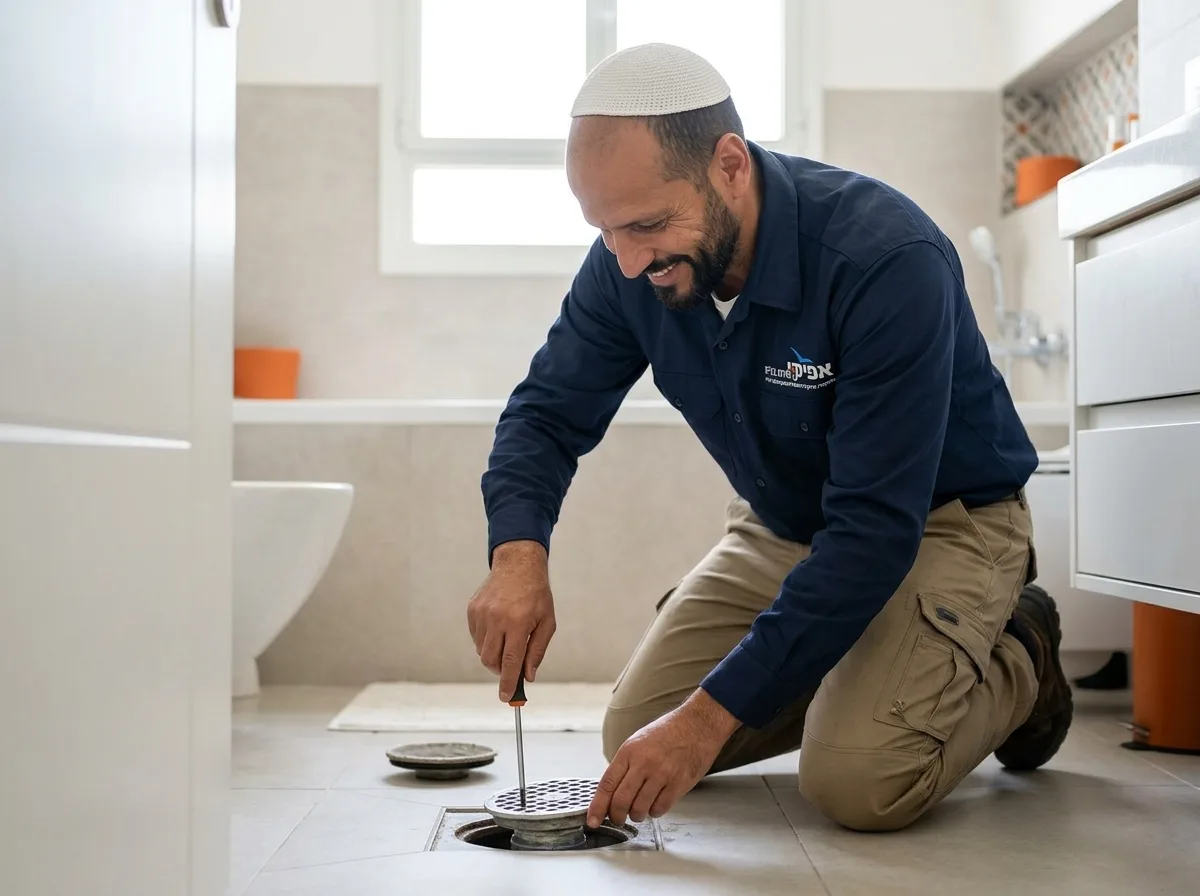 צילום פוטו-ריאליסטי של אינסטלטור בבגדי עבודה עם כיפה על כל הראש, פותח במיומנות קופסת ביקורת של ניקוז ברצפת חדר רחצה באמצעות מברג, נראה מסודר ונקי, תאורה טבעית