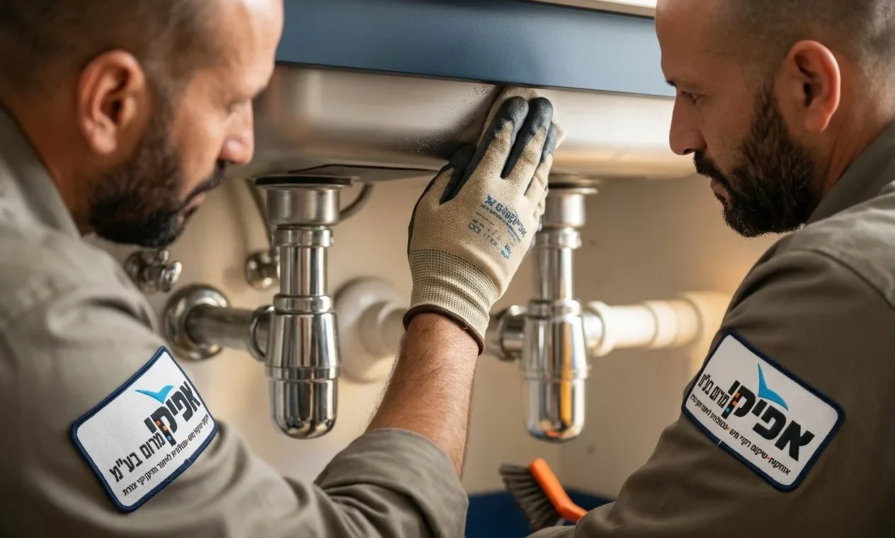 יד עם כפפת עבודה מנקה בעדינות סיפון מתחת לכיור, ברקע נראית צנרת נקייה ומבריקה.