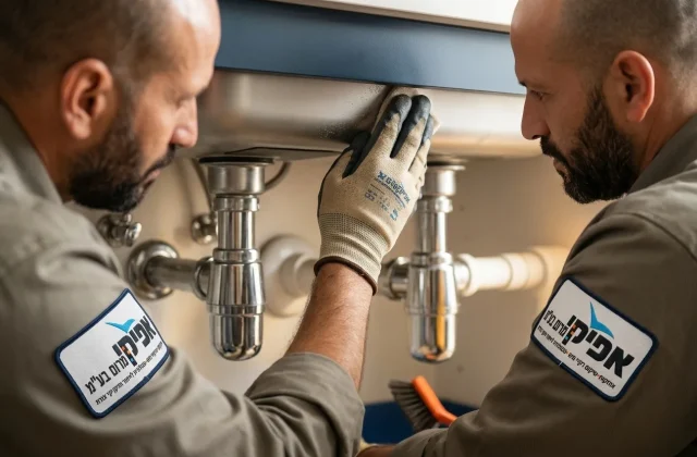 יד עם כפפת עבודה מנקה בעדינות סיפון מתחת לכיור, ברקע נראית צנרת נקייה ומבריקה.