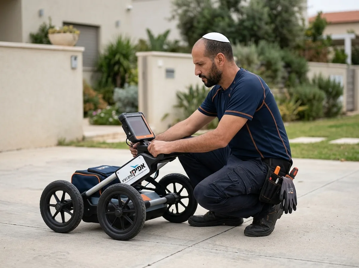 צילום ריאליסטי של מפעיל ציוד איתור בשטח, חובש כיפה, משתמש במכשיר מכ