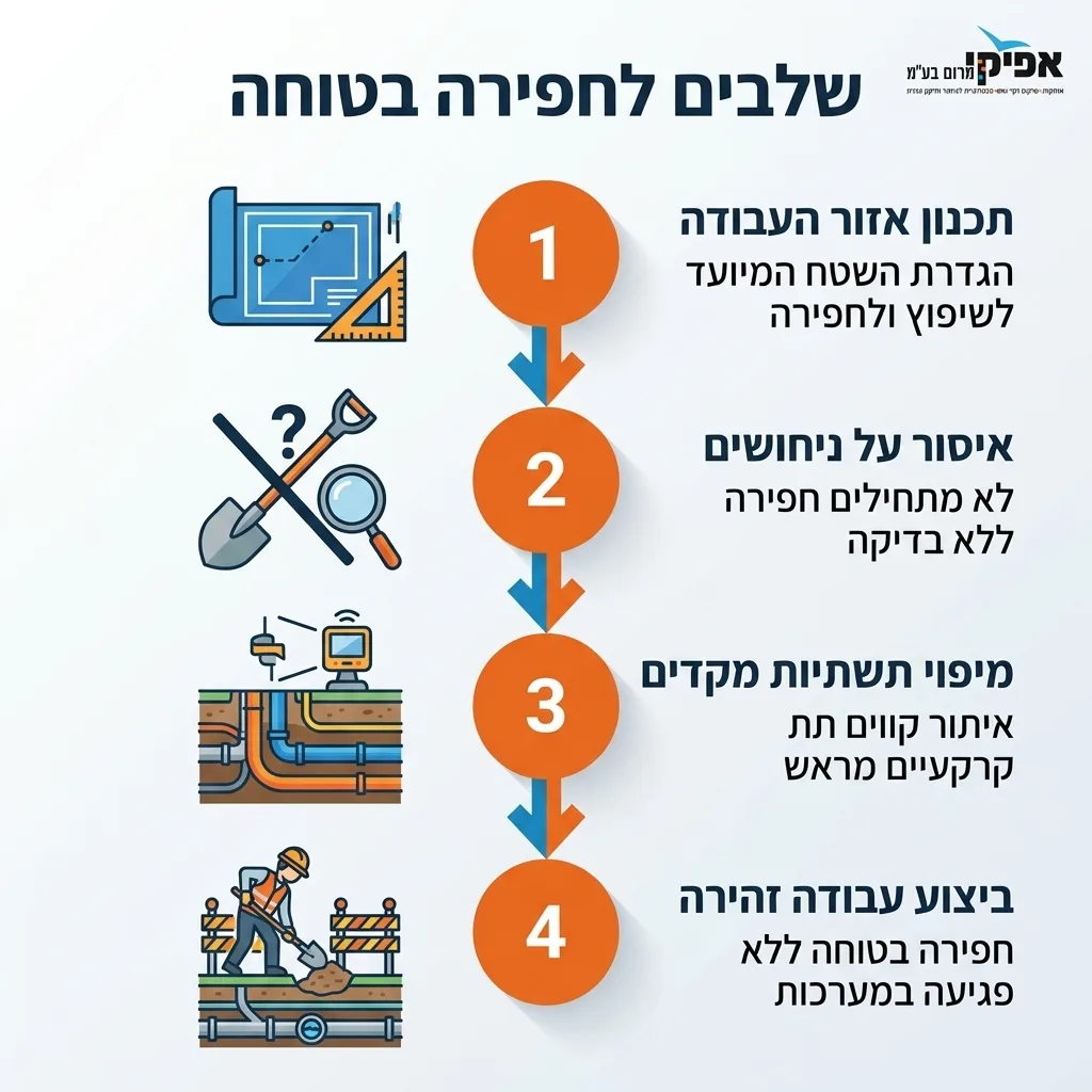 אינפוגרפיקה — שלבים לחפירה בטוחה: תכנון אזור העבודה, איסור על ניחושים, מיפוי תשתיות מקדים, ביצוע עבודה זהירה