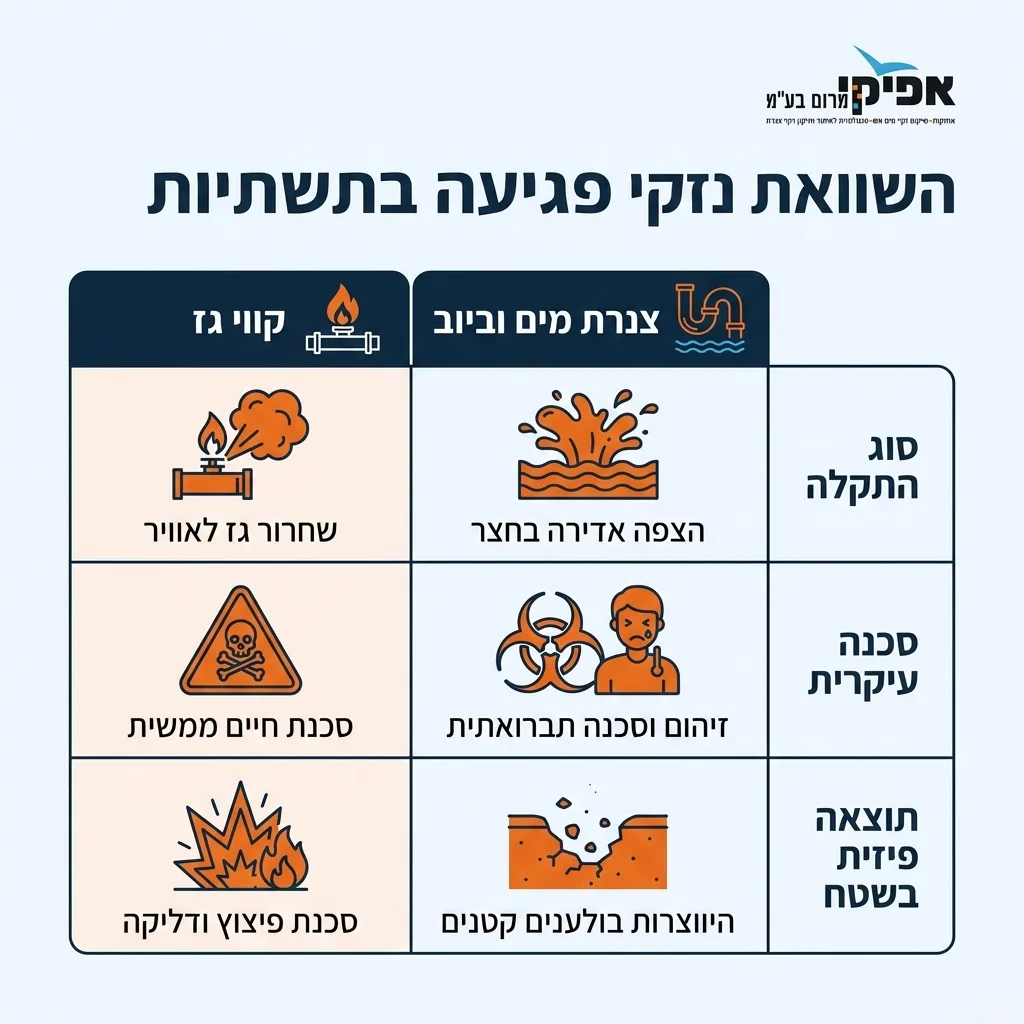 אינפוגרפיקה — השוואת נזקי פגיעה בתשתיות: השוואה בין צנרת מים וביוב, קווי גז