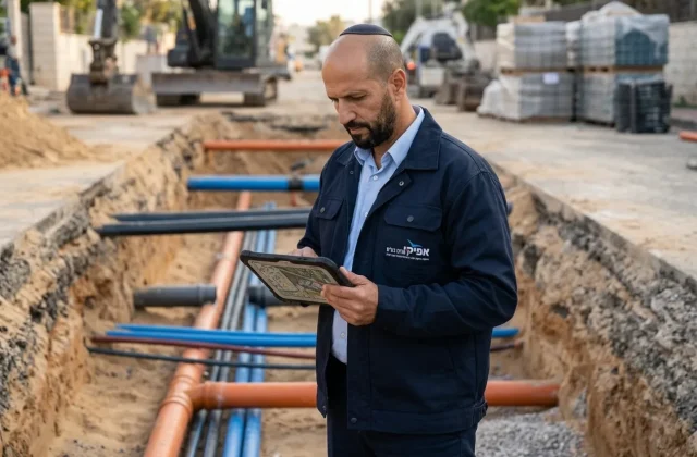 איור של אתר בנייה, כאשר מתחת לאדמה נראים קווי צנרת שונים בצבעים שונים, ודמות של מתכנן מסתכלת על תוכנית המיפוי.