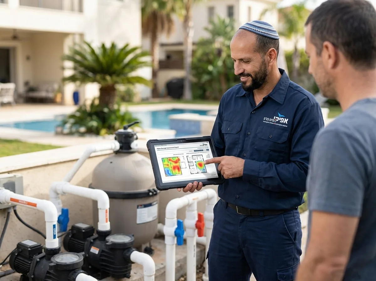צילום פוטו-ריאליסטי באור יום של מאתר נזילות חובש כיפה סרוגה ובגדי עבודה, עומד ליד חדר מכונות של בריכה ומסביר ללקוח תוך כדי הצבעה על צג טאבלט הכולל דוח מסודר.
