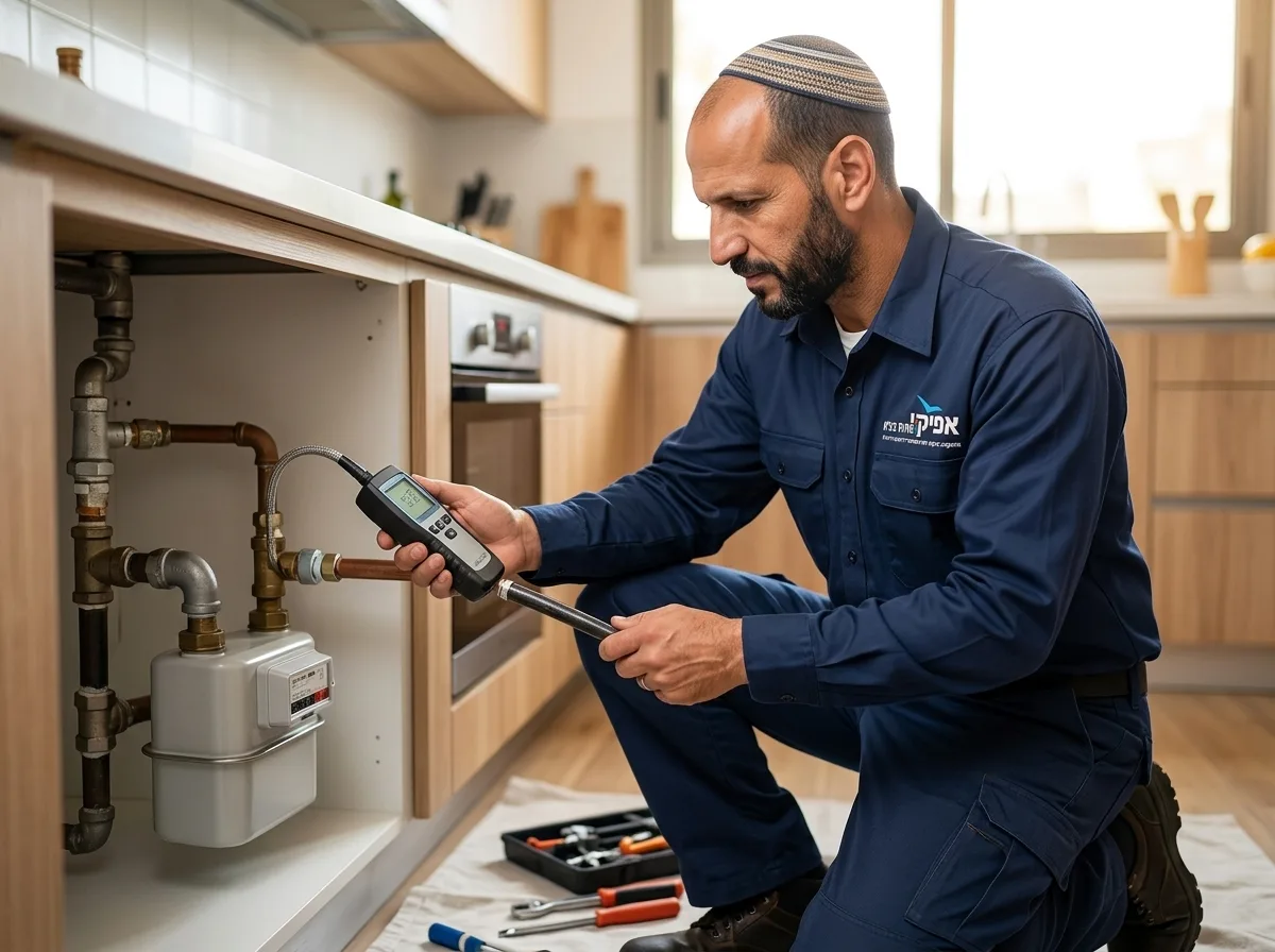 צילום מציאותי של טכנאי מקצועי לבוש בבגדי עבודה עם כיפה על כל הראש, בודק צנרת גז ביתית עם מכשיר אלקטרוני, תאורה טבעית ברורה, פוקוס על המכשיר והידיים