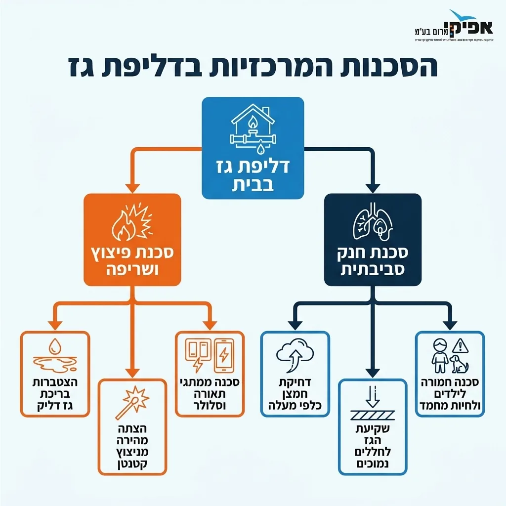 אינפוגרפיקה — הסכנות המרכזיות בדליפת גז: דליפת גז בבית