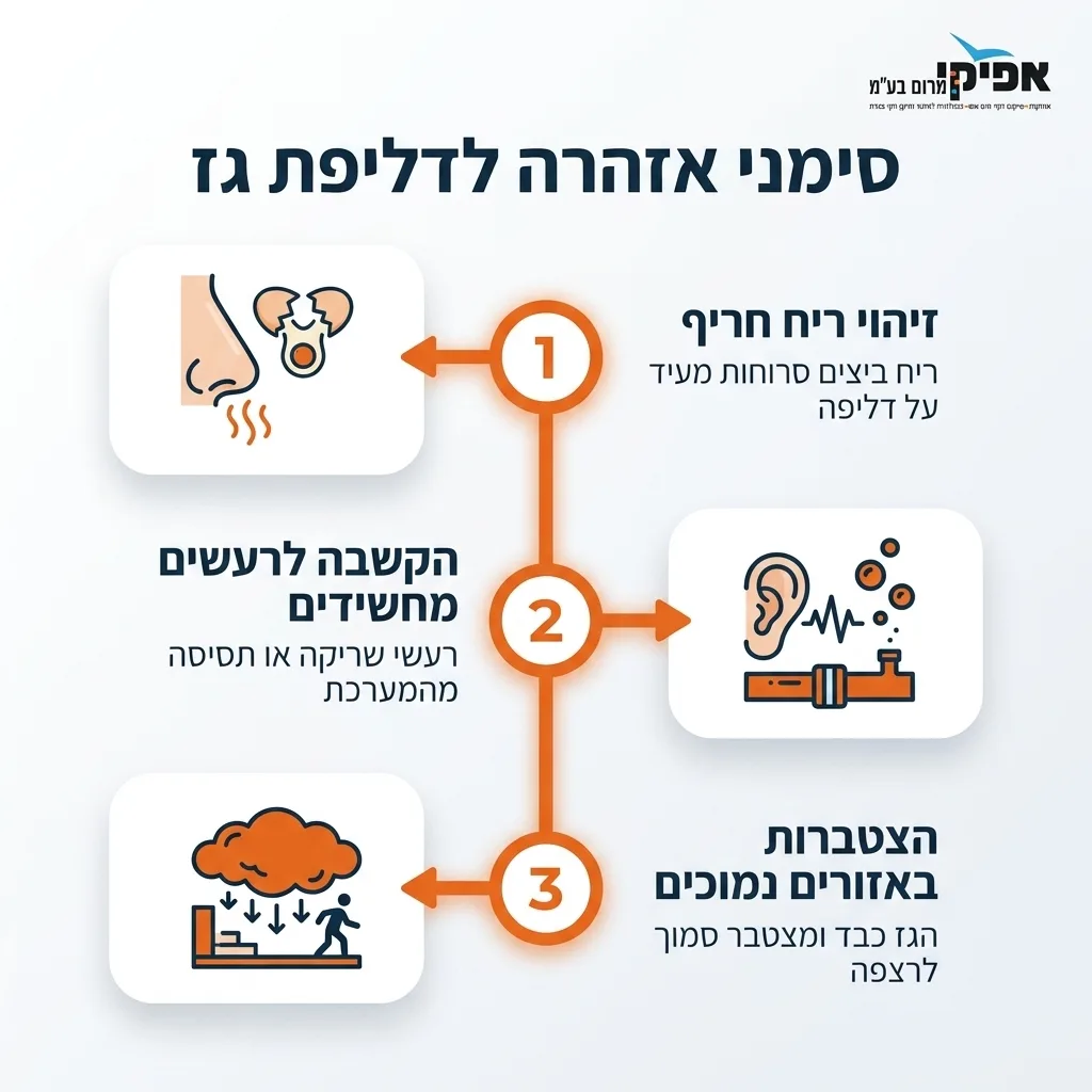 אינפוגרפיקה — סימני אזהרה לדליפת גז: זיהוי ריח חריף, הקשבה לרעשים מחשידים, הצטברות באזורים נמוכים