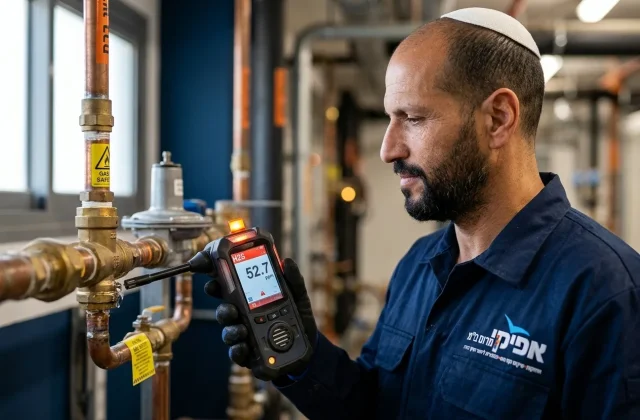 יד של טכנאי מחזיקה מכשיר איתור גז אלקטרוני ליד צנרת גז, ועל צג המכשיר נראית קריאה גבוהה.