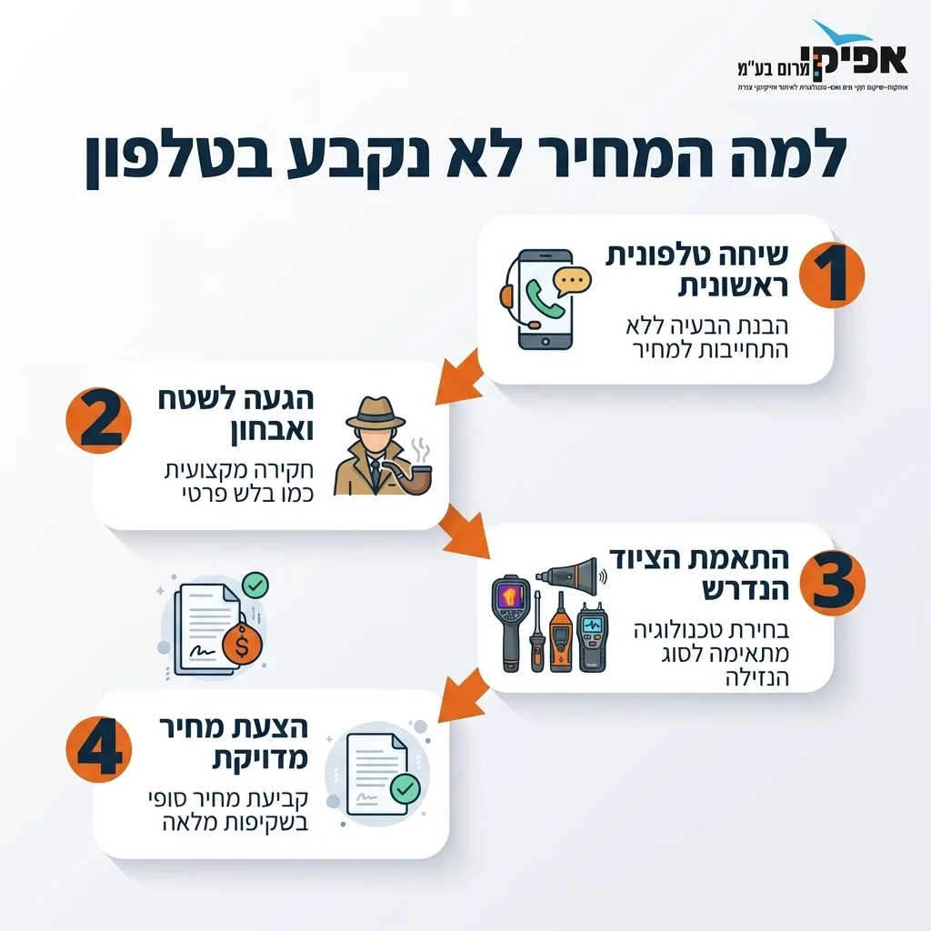 אינפוגרפיקה — למה המחיר לא נקבע בטלפון: שיחה טלפונית ראשונית, הגעה לשטח ואבחון, התאמת הציוד הנדרש, הצעת מחיר מדויקת