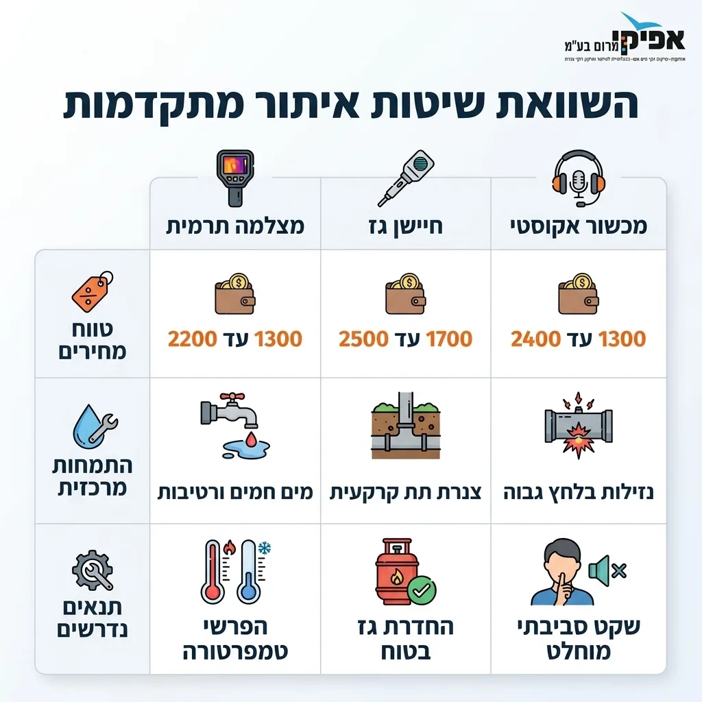 אינפוגרפיקה — השוואת שיטות איתור מתקדמות: השוואה בין מצלמה תרמית, חיישן גז, מכשור אקוסטי