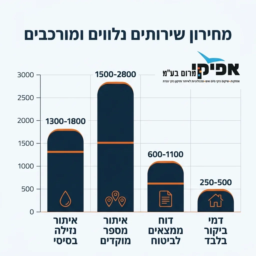 אינפוגרפיקה — מחירון שירותים נלווים ומורכבים: איתור נזילה בסיסי, איתור מספר מוקדים, דוח ממצאים לביטוח, דמי ביקור בלבד