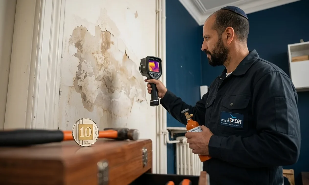 תמונה המשלבת אייקונים של טכנולוגיות איתור שונות (מצלמה תרמית, בלון גז) לצד סימן של מטבע (שקל חדש), על רקע של קיר עם רטיבות.