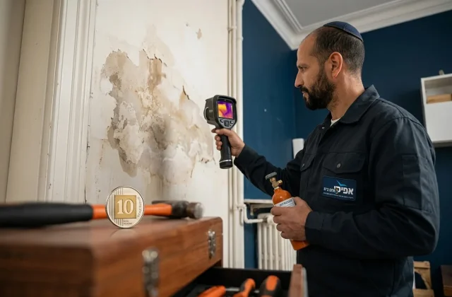 תמונה המשלבת אייקונים של טכנולוגיות איתור שונות (מצלמה תרמית, בלון גז) לצד סימן של מטבע (שקל חדש), על רקע של קיר עם רטיבות.