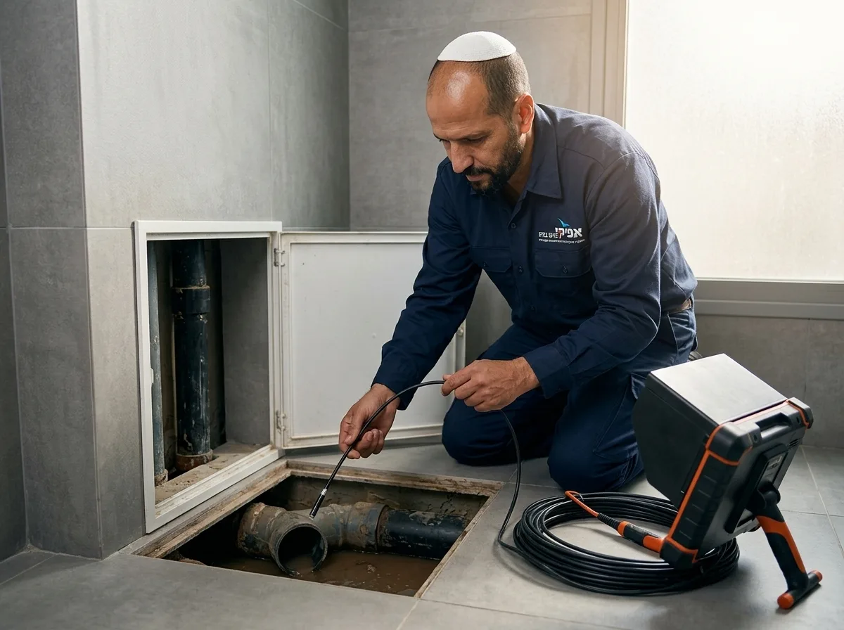 צילום מציאותי של קופסת ביקורת פתוחה ברצפת חדר רחצה, איש מקצוע עם כיפה גדולה עובד עם מצלמת סיב אופטי קטנה המוכנסת אל תוך הצינור. תאורה טבעית מבחוץ.