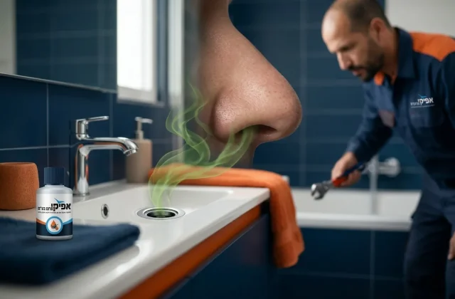 איור של אף גדול מול כיור אמבטיה, כאשר מפתח הניקוז יוצאים קווי ריח ירוקים המרמזים על הבעיה.