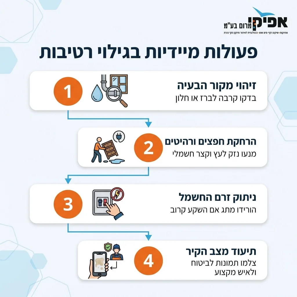 אינפוגרפיקה — פעולות מיידיות בגילוי רטיבות: זיהוי מקור הבעיה, הרחקת חפצים ורהיטים, ניתוק זרם החשמל, תיעוד מצב הקיר