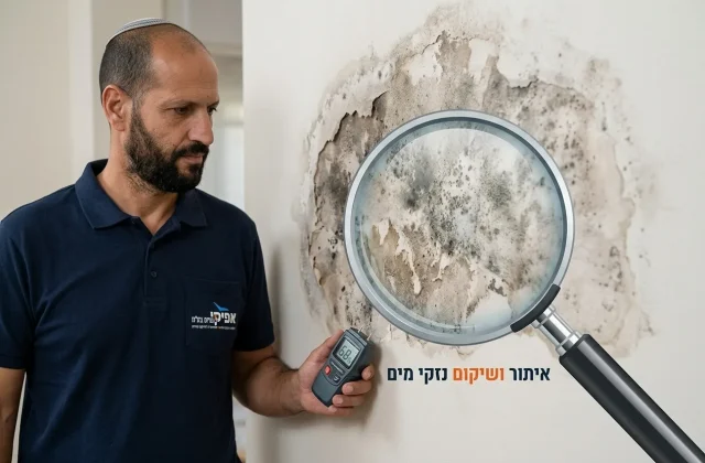 צילום תקריב של קיר עם כתם רטיבות ברור וסימני עובש מתפתחים, עם זכוכית מגדלת גרפית המדגישה את הבעיה.
