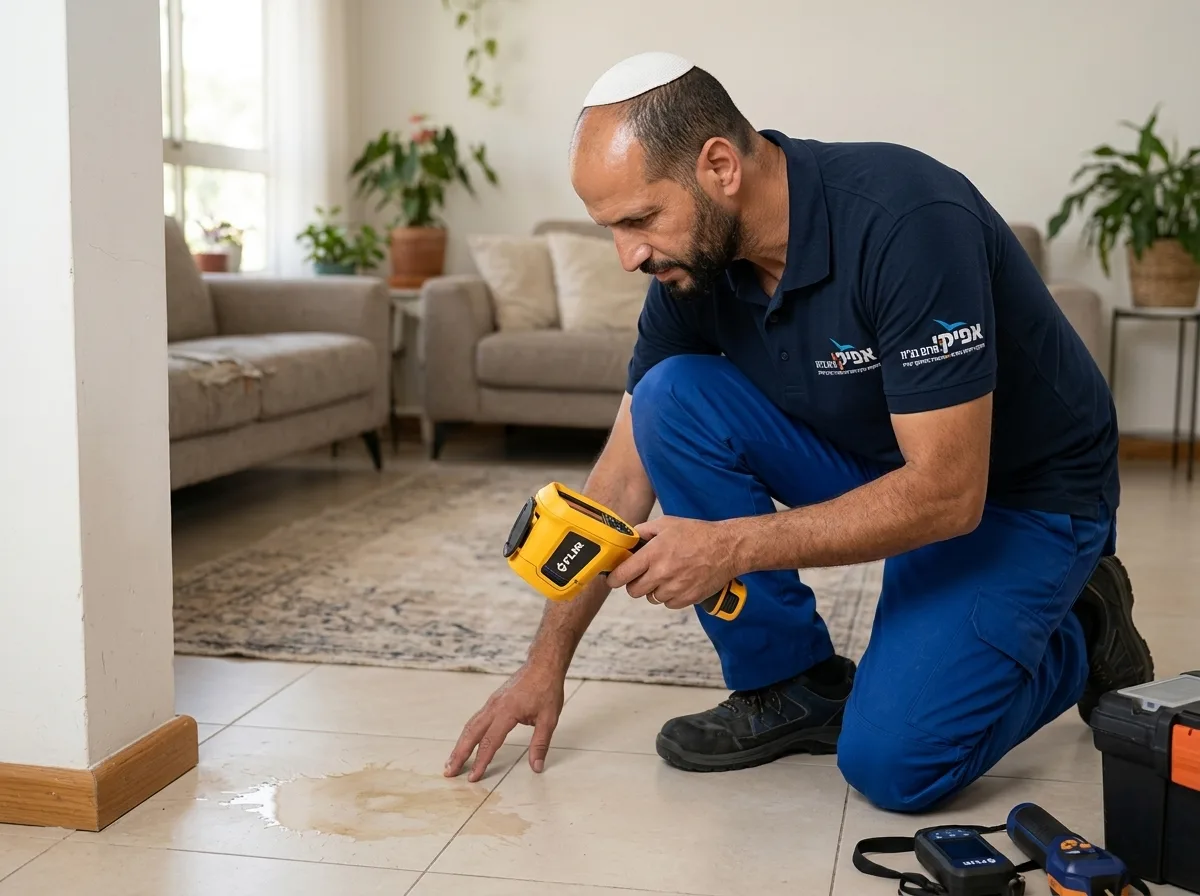 צילום ריאליסטי של מאתר נזילות במכנסי עבודה וחולצת פולו, עם כיפה על ראשו, רוכן קדימה לבדוק כתם רטיבות מעל פאנל ברצפה, מחזיק מצלמה תרמית צהובה, תאורה טבעית, חדר מגורים רגיל
