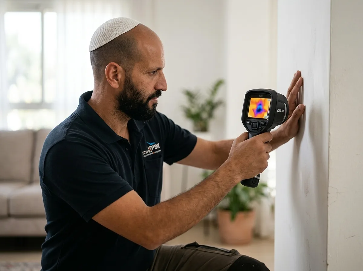 צילום ריאליסטי של מאתר נזילות מקצועי עם כיפה על ראשו, לובש בגדי עבודה, מחזיק מצלמה תרמית מול קיר לבן בבית, על צג המצלמה רואים כתם כחול, תאורה טבעית, פוקוס חד