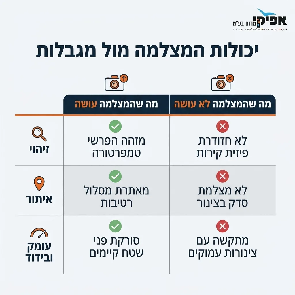 אינפוגרפיקה — יכולות המצלמה מול מגבלות: השוואה בין מה שהמצלמה עושה, מה שהמצלמה לא עושה