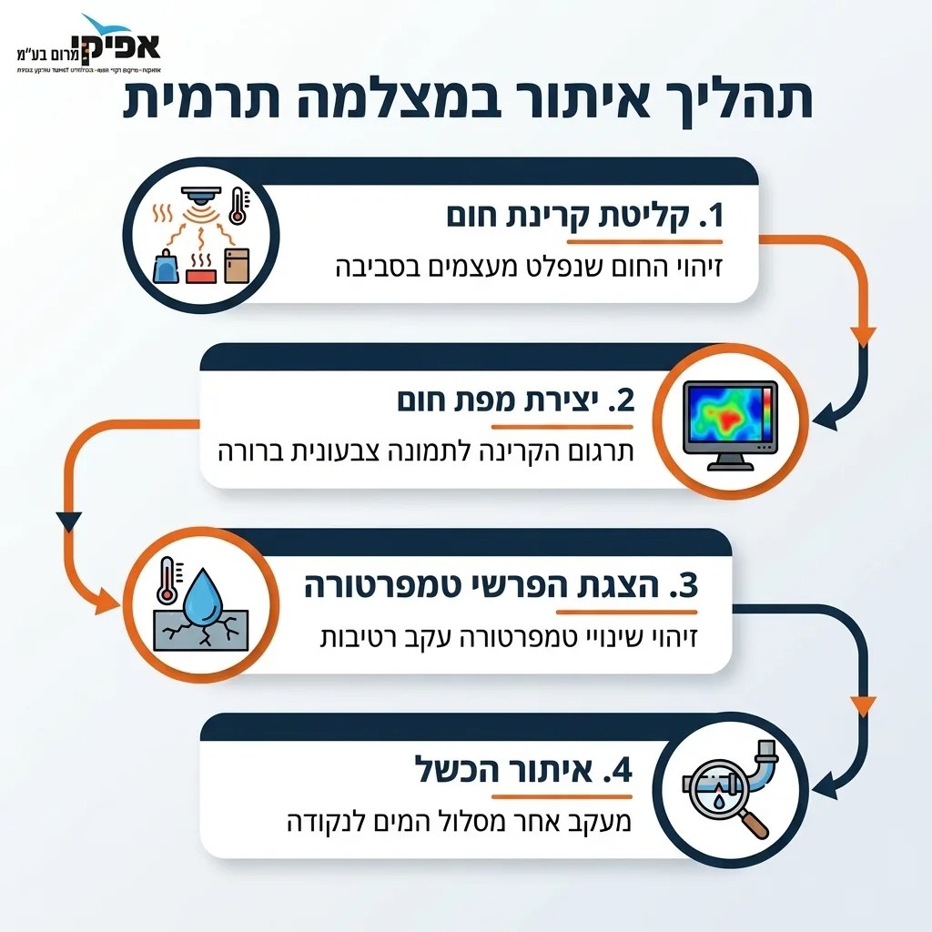 אינפוגרפיקה — תהליך איתור במצלמה תרמית: קליטת קרינת חום, יצירת מפת חום, הצגת הפרשי טמפרטורה, איתור הכשל