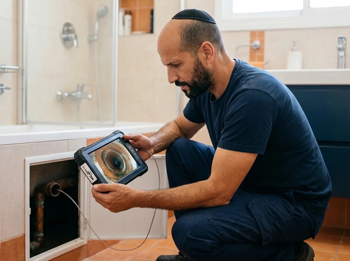 צילום ריאליסטי של איש מקצוע בתחום האינסטלציה, עובד לבוש בבגדי עבודה פשוטים וחובש כיפה, מסתכל על מסך של מצלמת סיב אופטי בתוך חדר אמבטיה, ללא חליפה, תאורה טבעית חמימה
