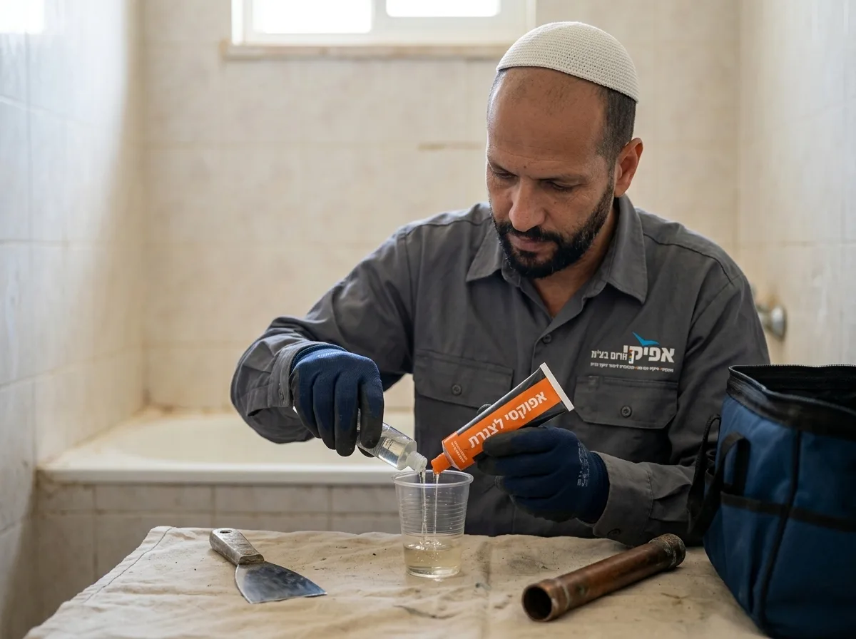 צילום של עובד כפיים חובש כיפה מבצע הכנה קפדנית של חומר אפוקסי לעבודת צנרת, עוטה כפפות מגן, בסביבת עבודה מעשית ורגילה בבית הלקוח, אור טבעי