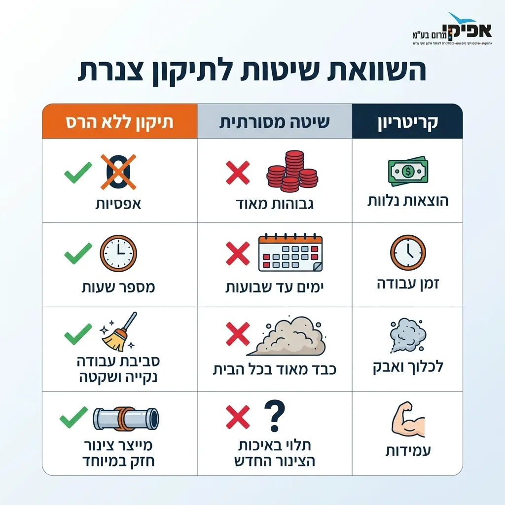 אינפוגרפיקה — השוואת שיטות לתיקון צנרת: השוואה בין שיטה מסורתית, תיקון ללא הרס
