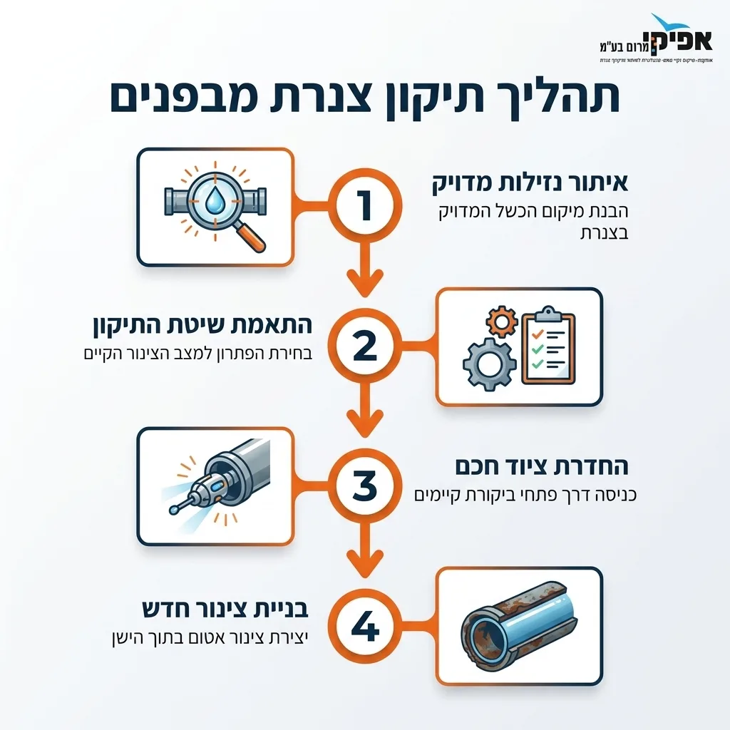 אינפוגרפיקה — תהליך תיקון צנרת מבפנים: איתור נזילות מדויק, התאמת שיטת התיקון, החדרת ציוד חכם, בניית צינור חדש